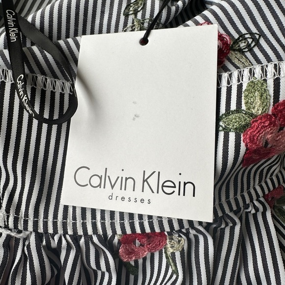 NWT Calvin Klein Striped Floral Embroidery Tie Waist Knee Length Dress Size 6 - Picture 10 of 11